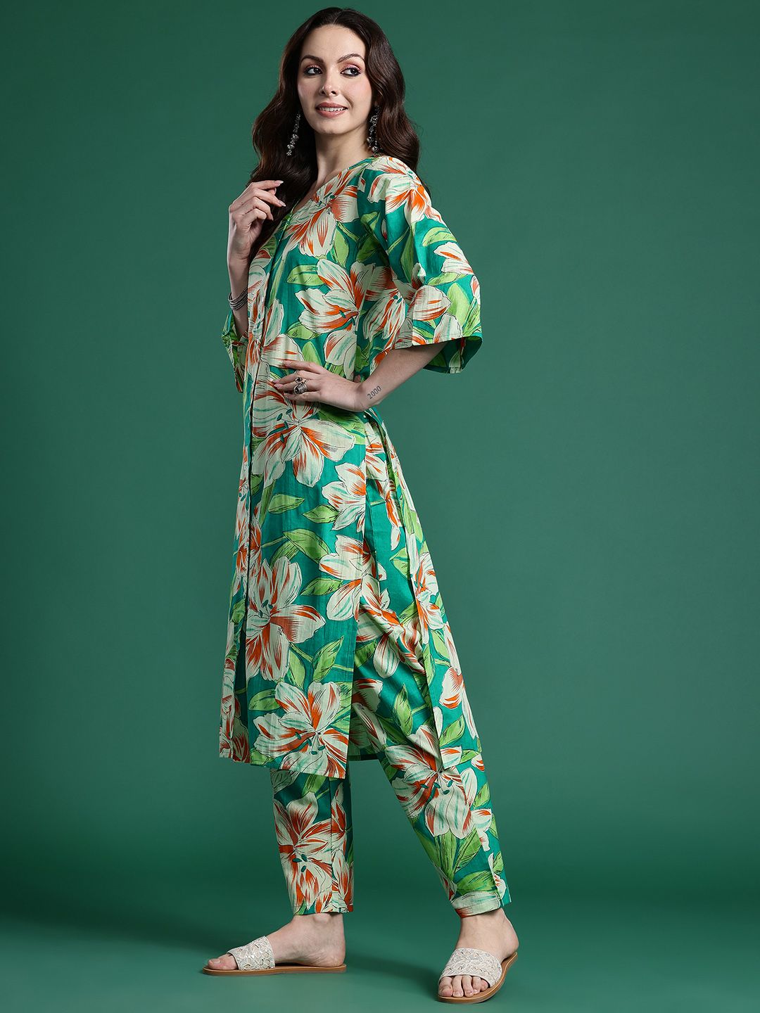 Indo Era Women Floral Printed Regular Pure Cotton Kurta with Trousers