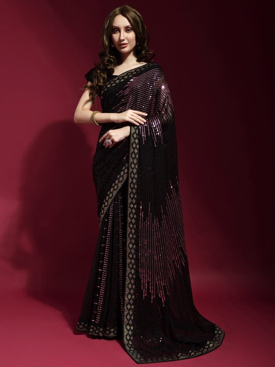 Anouk Black & Pink Embellished Sequinned Pure Georgette Saree - Distacart