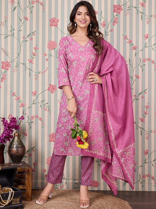 Ode by House of Pataudi Floral Printed Regular Pure Cotton Kurta with Trousers & Dupatta - Distacart