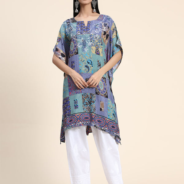 HOUSE OF KARI Ethnic Motifs Printed Notched Neck Chikankari Embroidery Cotton Kaftan Kurta - Distacart