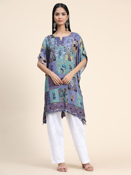 HOUSE OF KARI Ethnic Motifs Printed Notched Neck Chikankari Embroidery Cotton Kaftan Kurta - Distacart