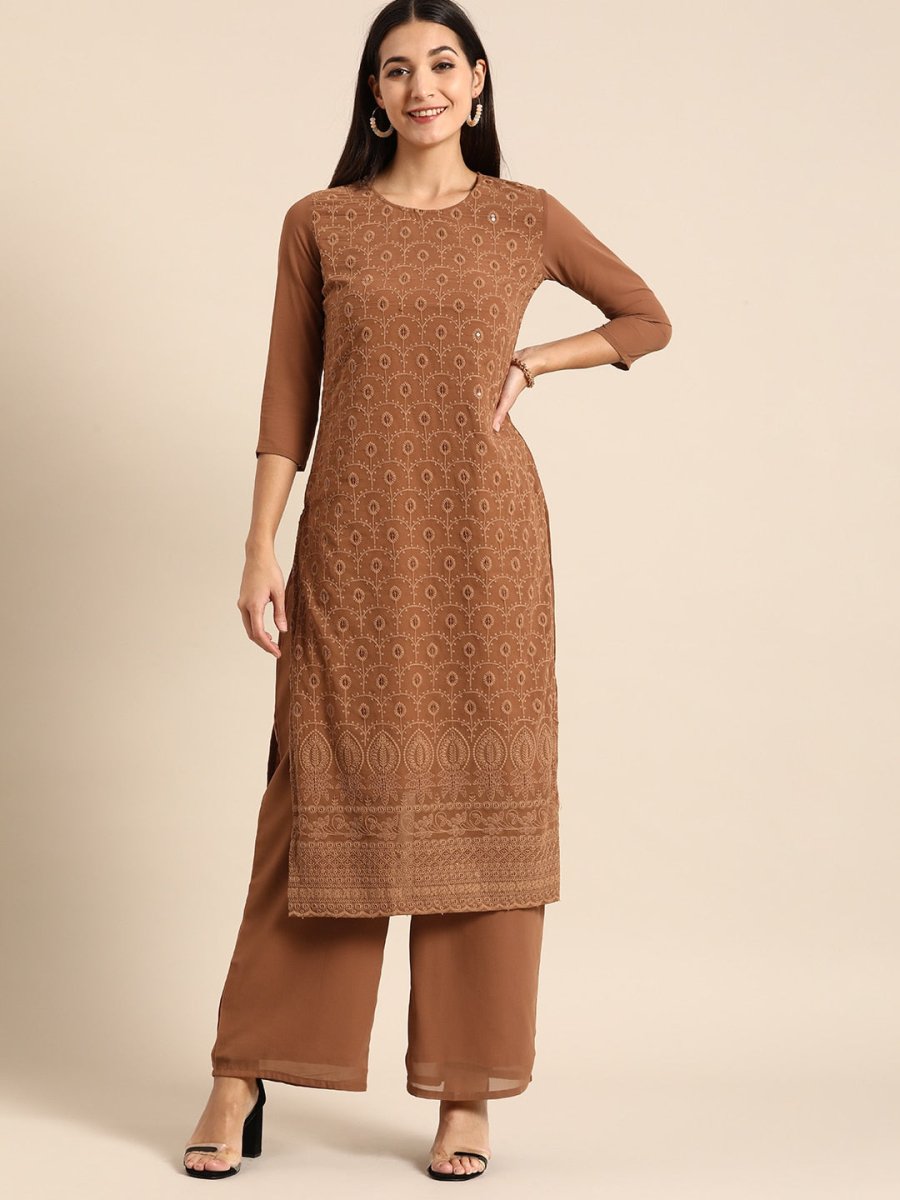 All About You Women Brown Ethnic Motifs Embroidered Chikankari Kurta with Palazzos - Distacart
