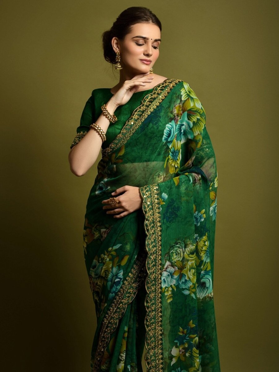 Anouk Green & Blue Floral Printed Embroidered Pure Georgette Saree - Distacart