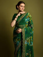 Thumbnail for Anouk Green & Blue Floral Printed Embroidered Pure Georgette Saree - Distacart