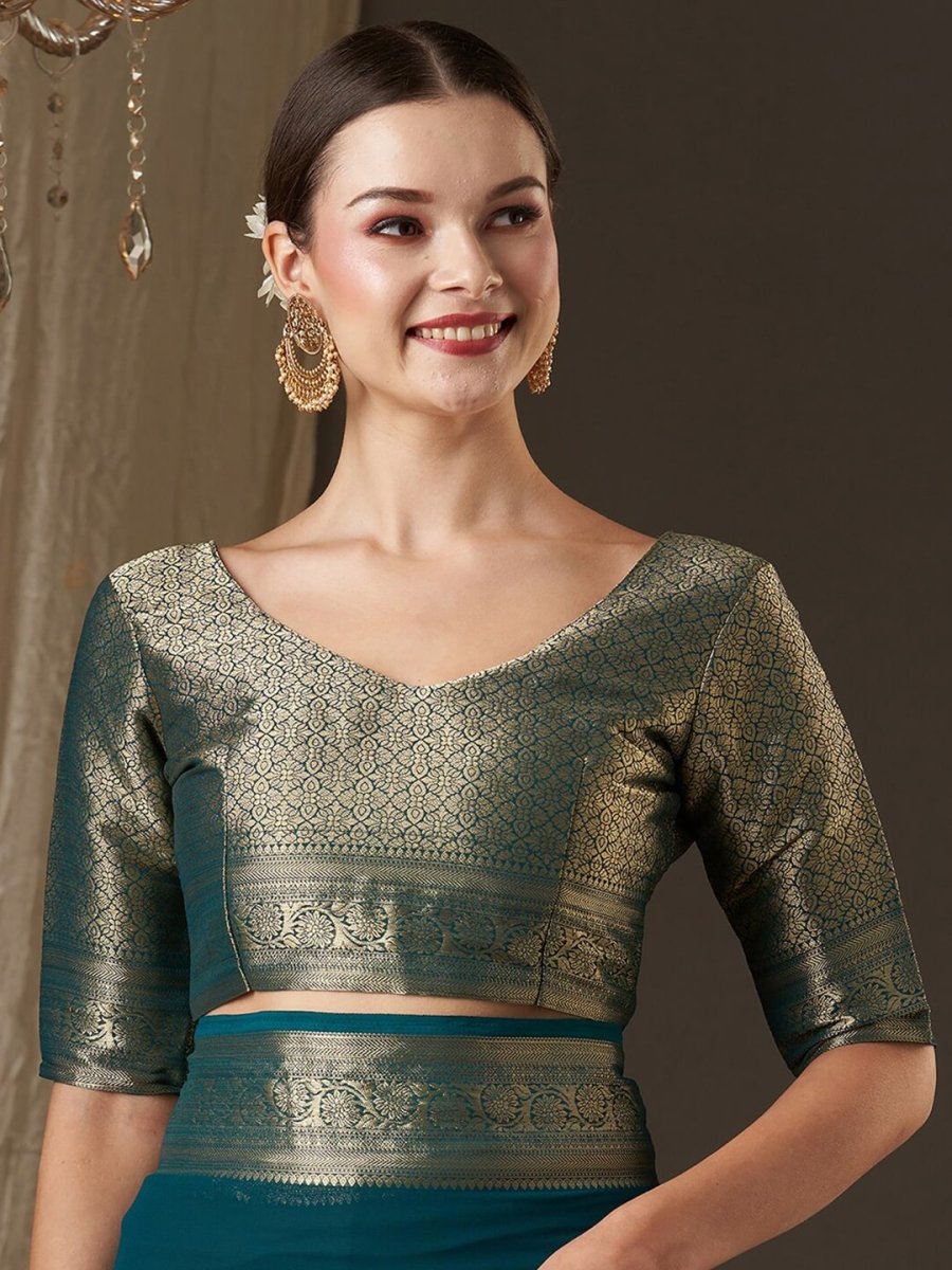 Anouk Teal & Gold-Toned Zari Pure Georgette Kanjeevaram Saree - Distacart