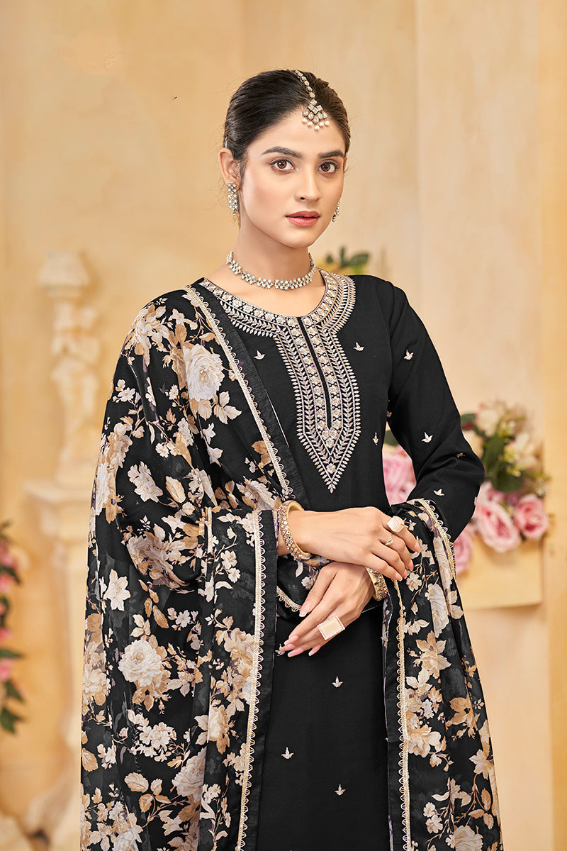 Monjolika Fashion Black Color Embroidered Santoon Silk Salwar Suit