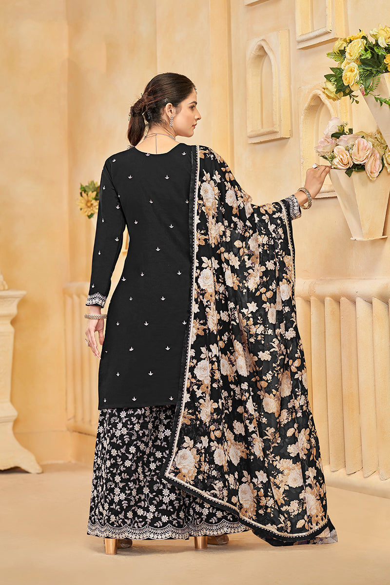 Monjolika Fashion Black Color Embroidered Santoon Silk Salwar Suit