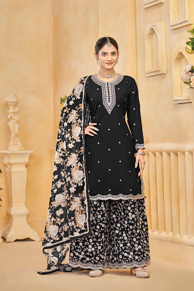 Monjolika Fashion Black Color Embroidered Santoon Silk Salwar Suit