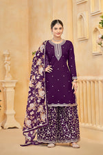 Thumbnail for Monjolika Fashion Dark-Purple Color Embroidered Santoon Silk Salwar Suit - Distacart