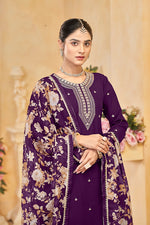 Thumbnail for Monjolika Fashion Dark-Purple Color Embroidered Santoon Silk Salwar Suit - Distacart
