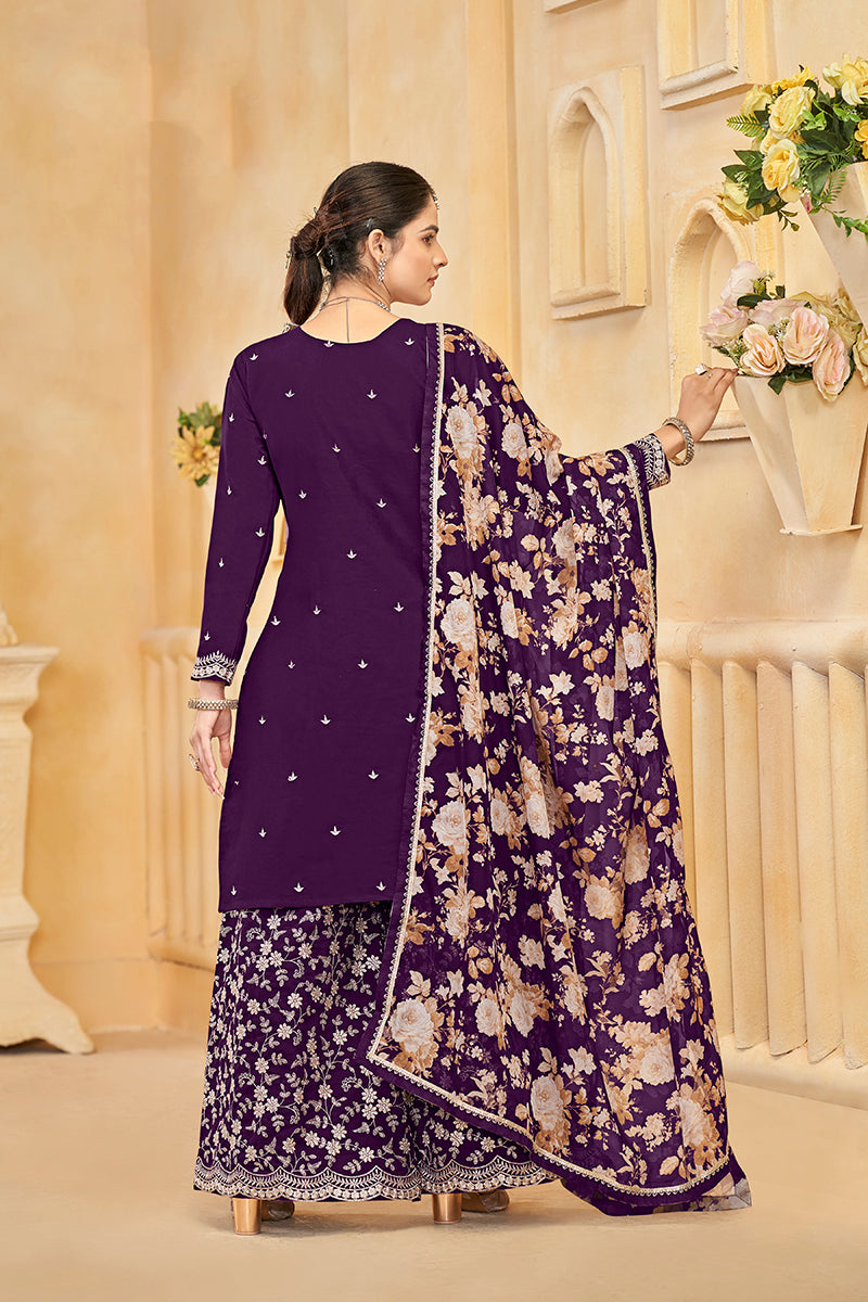 Monjolika Fashion Dark-Purple Color Embroidered Santoon Silk Salwar Suit - Distacart