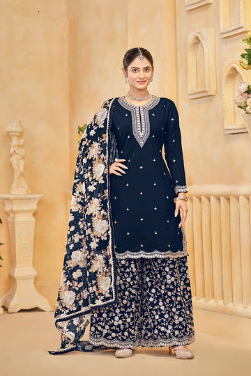 Monjolika Fashion Navy-Blue Color Embroidered Santoon Silk Salwar Suit - Distacart