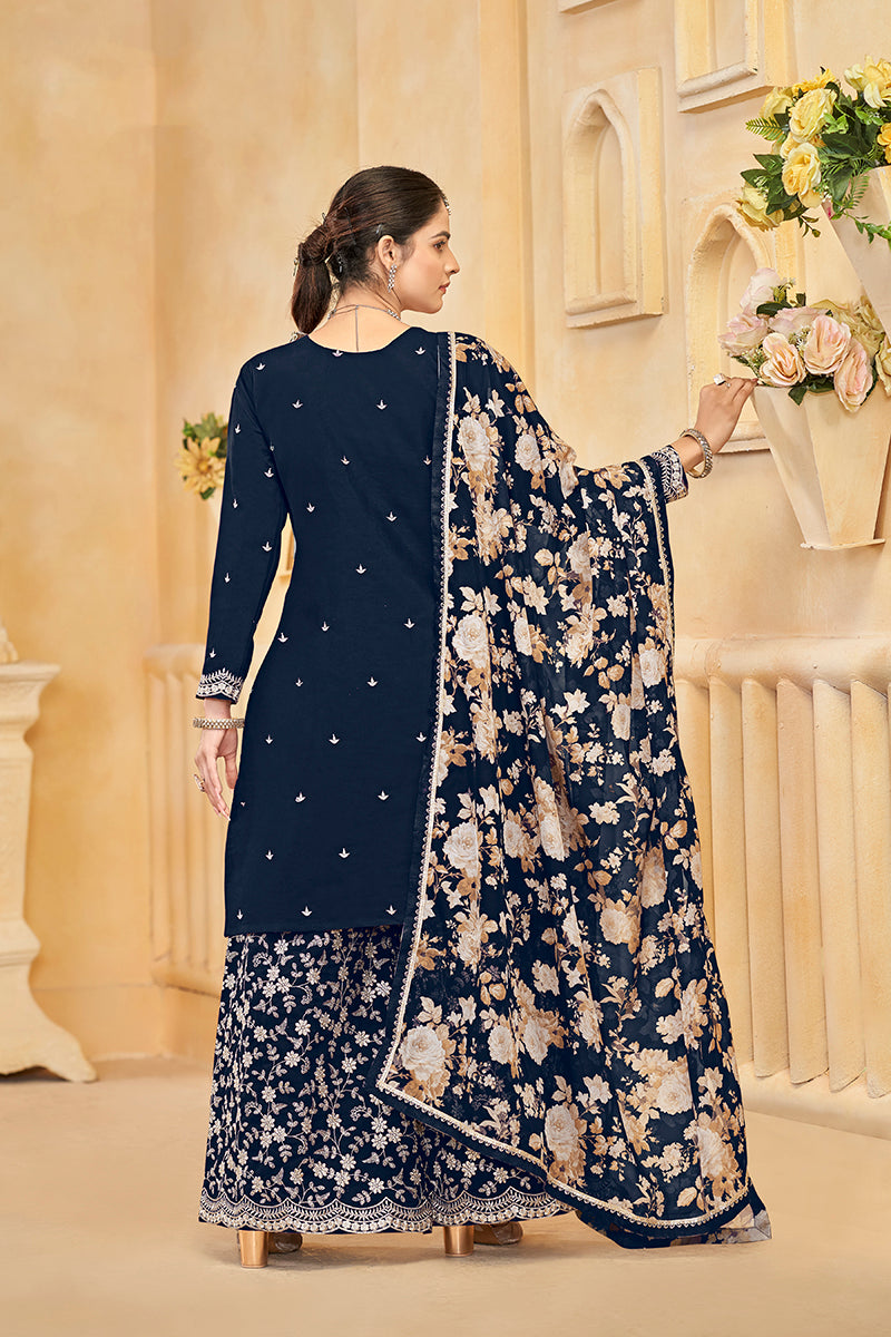 Monjolika Fashion Navy-Blue Color Embroidered Santoon Silk Salwar Suit