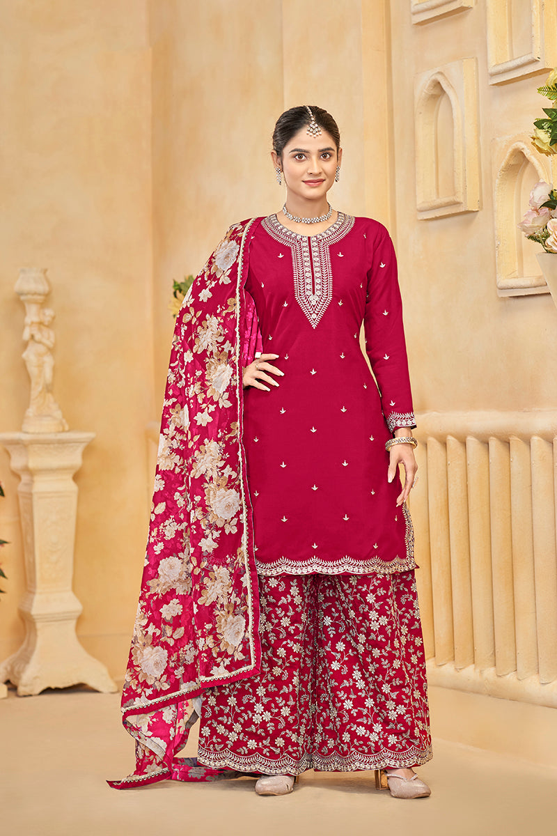 Monjolika Fashion Dark-Hot-Pink Color Embroidered Santoon Silk Salwar Suit