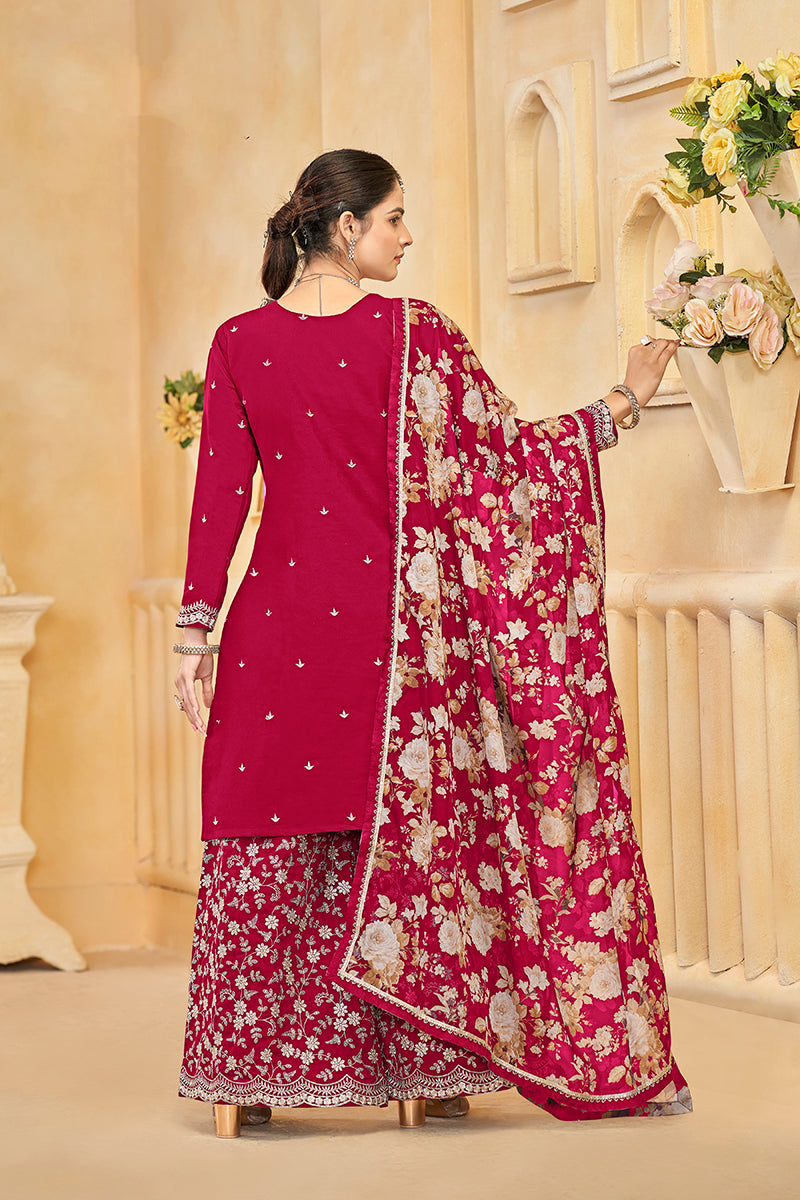 Monjolika Fashion Dark-Hot-Pink Color Embroidered Santoon Silk Salwar Suit