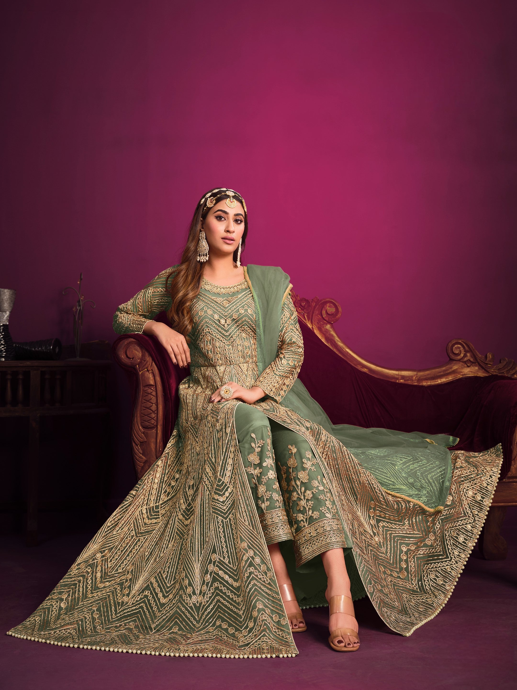 Anaita Green Embroidered Net Anarkali Suit - Distacart