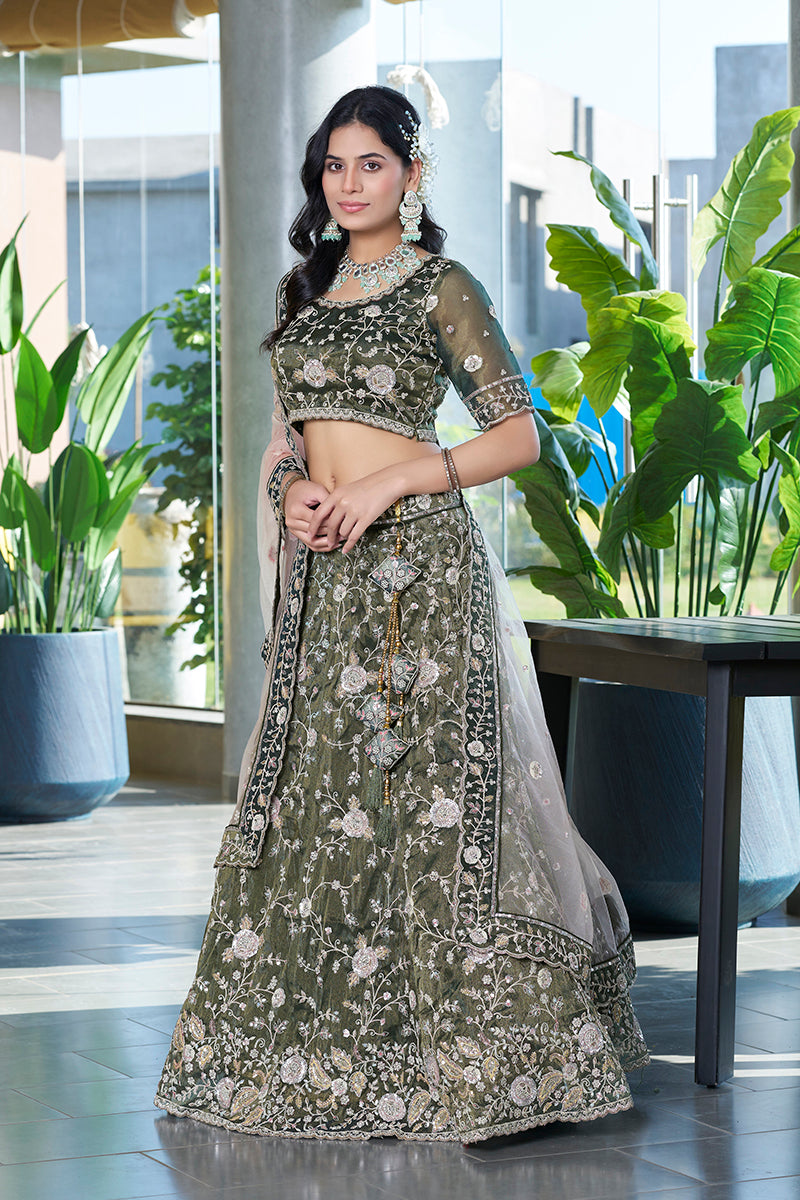 Monjolika Fashion Mehendi Green Embroidered Silk Engagement A Line Lehenga Choli