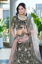 Thumbnail for Monjolika Fashion Mehendi Green Embroidered Silk Engagement A Line Lehenga Choli
