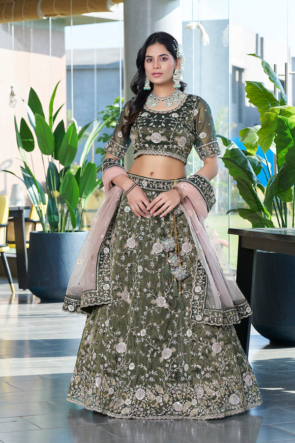 Monjolika Fashion Mehendi Green Embroidered Silk Engagement A Line Lehenga Choli