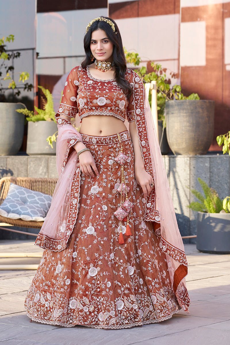Monjolika Fashion Dark Orange Embroidered Silk Engagement A Line Lehenga Choli