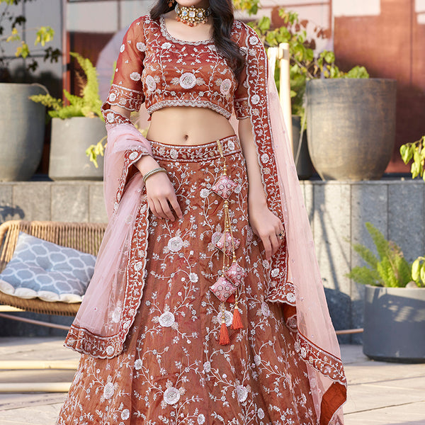 Monjolika Fashion Dark Orange Embroidered Silk Engagement A Line Lehenga Choli - Distacart