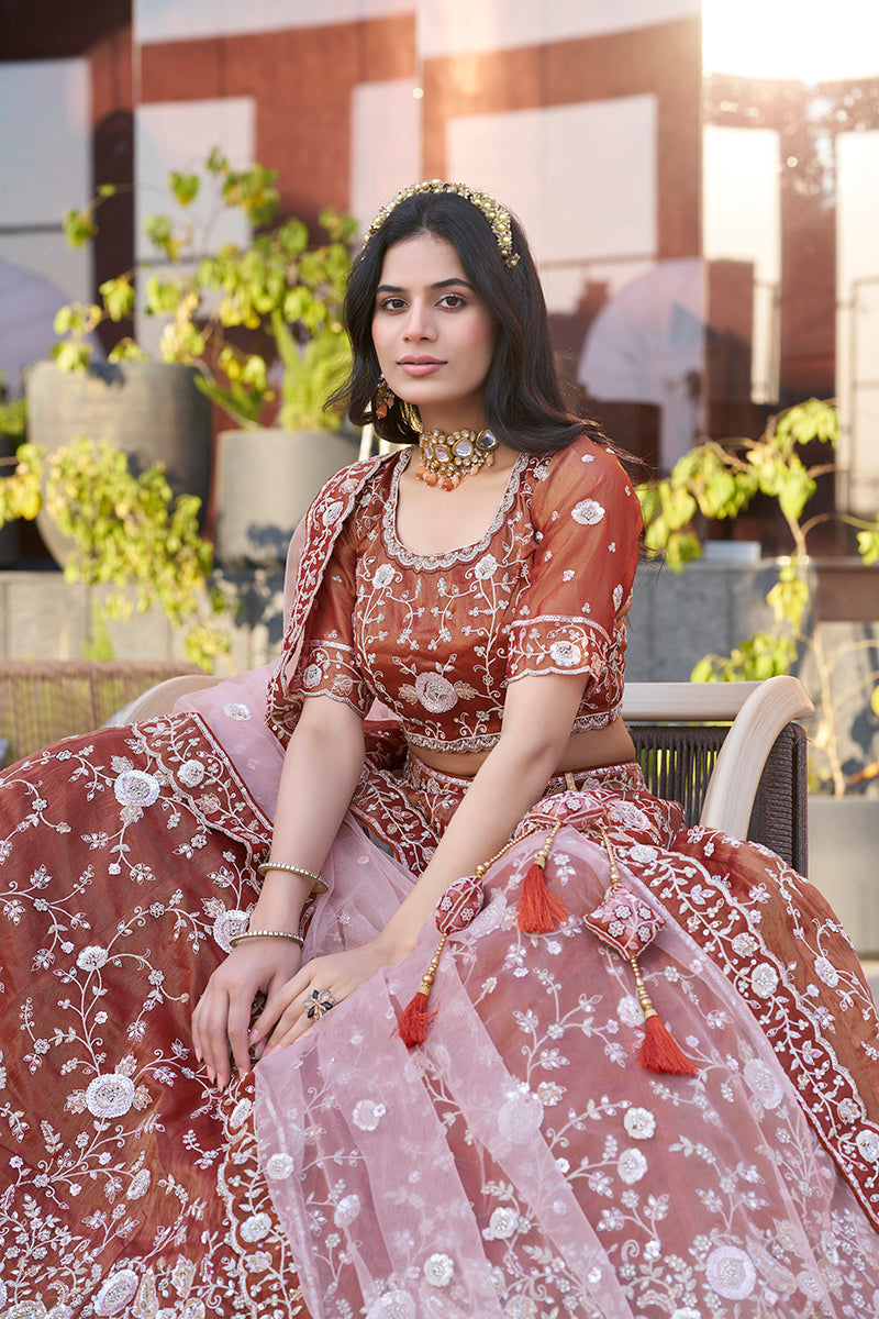 Monjolika Fashion Dark Orange Embroidered Silk Engagement A Line Lehenga Choli