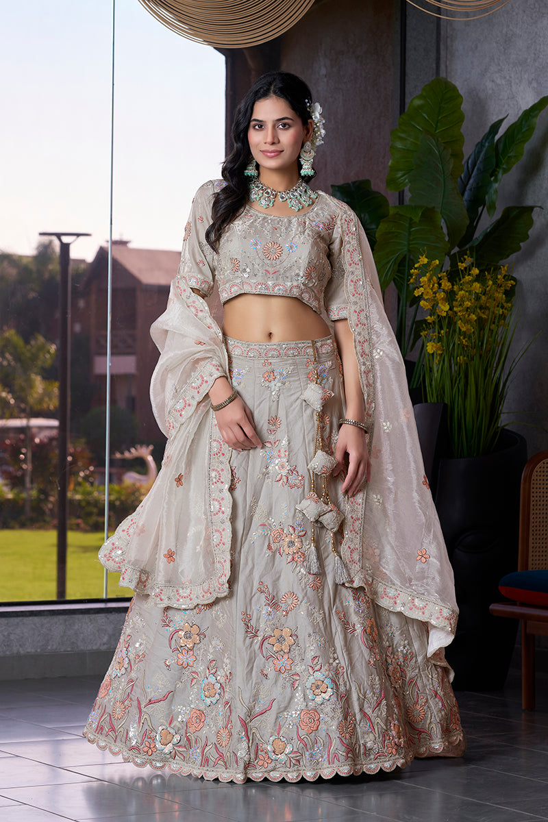 Monjolika Fashion Light Grey Embroidered Silk Engagement A Line Lehenga Choli