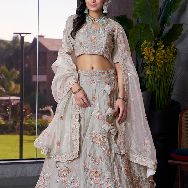 Monjolika Fashion Light Grey Embroidered Silk Engagement A Line Lehenga Choli - Distacart