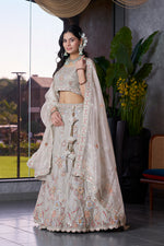 Thumbnail for Monjolika Fashion Light Grey Embroidered Silk Engagement A Line Lehenga Choli