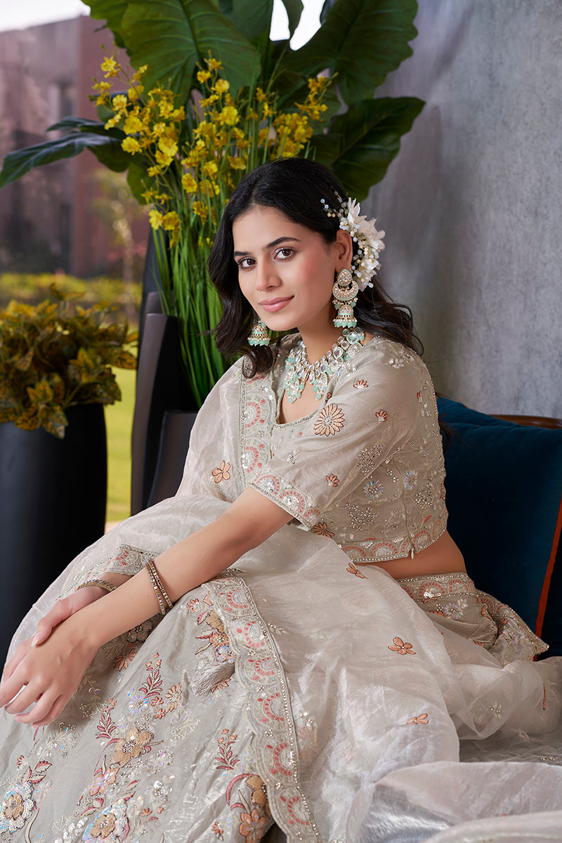 Monjolika Fashion Light Grey Embroidered Silk Engagement A Line Lehenga Choli