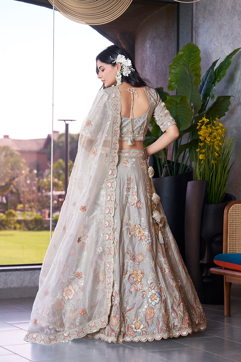 Monjolika Fashion Light Grey Embroidered Silk Engagement A Line Lehenga Choli