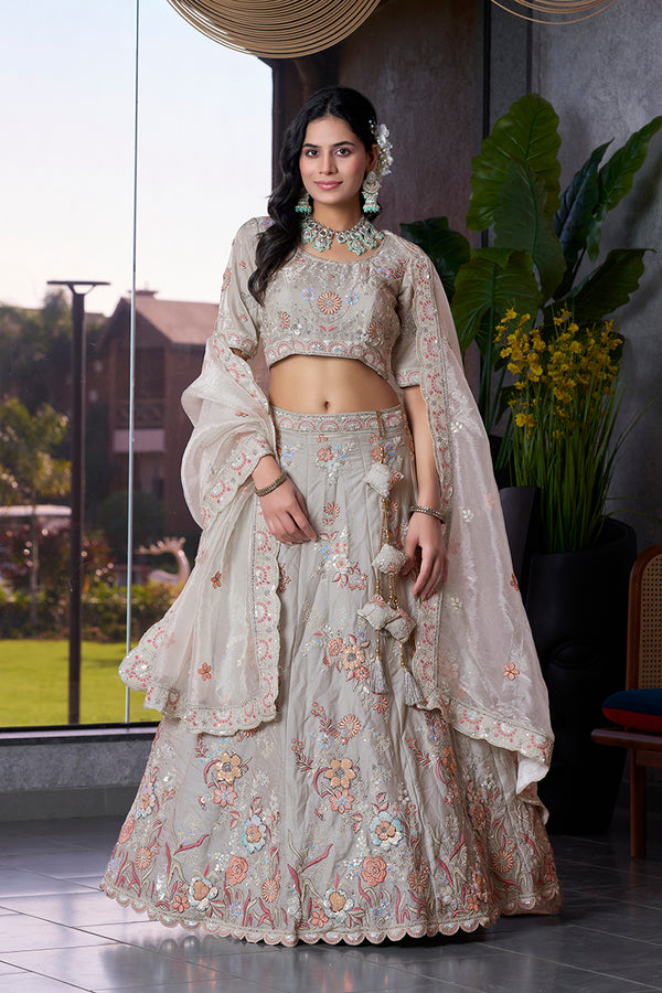 Monjolika Fashion Light Grey Embroidered Silk Engagement A Line Lehenga Choli