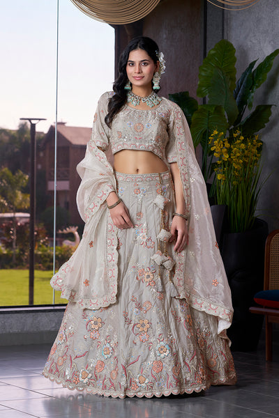 Monjolika Fashion Light Grey Embroidered Silk Engagement A Line Lehenga Choli