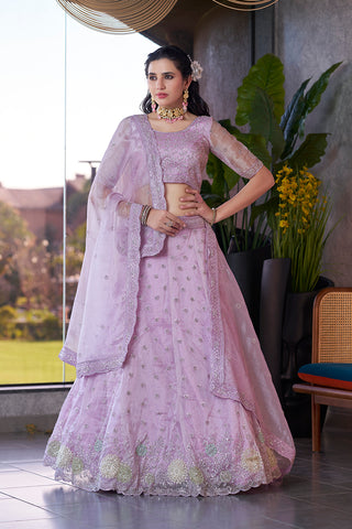 Monjolika Fashion Lavender Embroidered Silk Engagement A Line Lehenga Choli