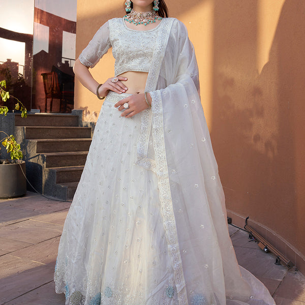 Monjolika Fashion White Embroidered Silk Engagement A Line Lehenga Choli - Distacart