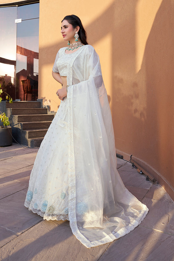 Monjolika Fashion White Embroidered Silk Engagement A Line Lehenga Choli