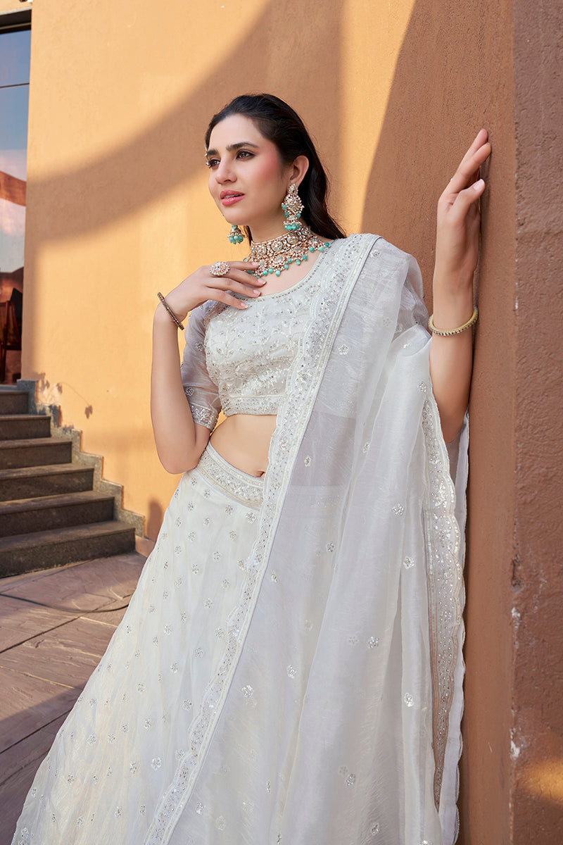 Monjolika Fashion White Embroidered Silk Engagement A Line Lehenga Choli