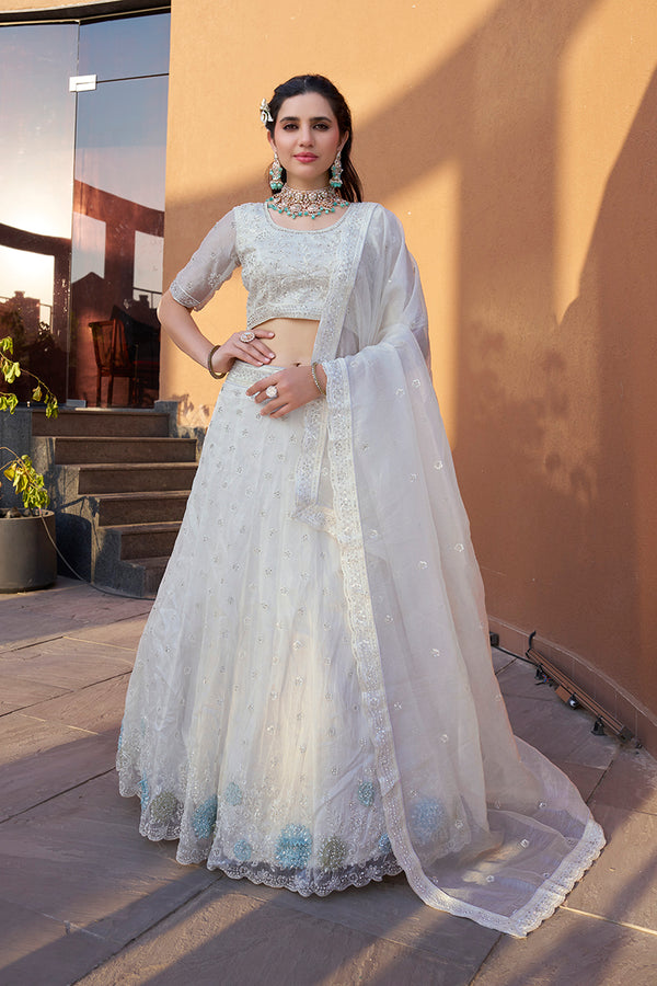 Monjolika Fashion White Embroidered Silk Engagement A Line Lehenga Choli