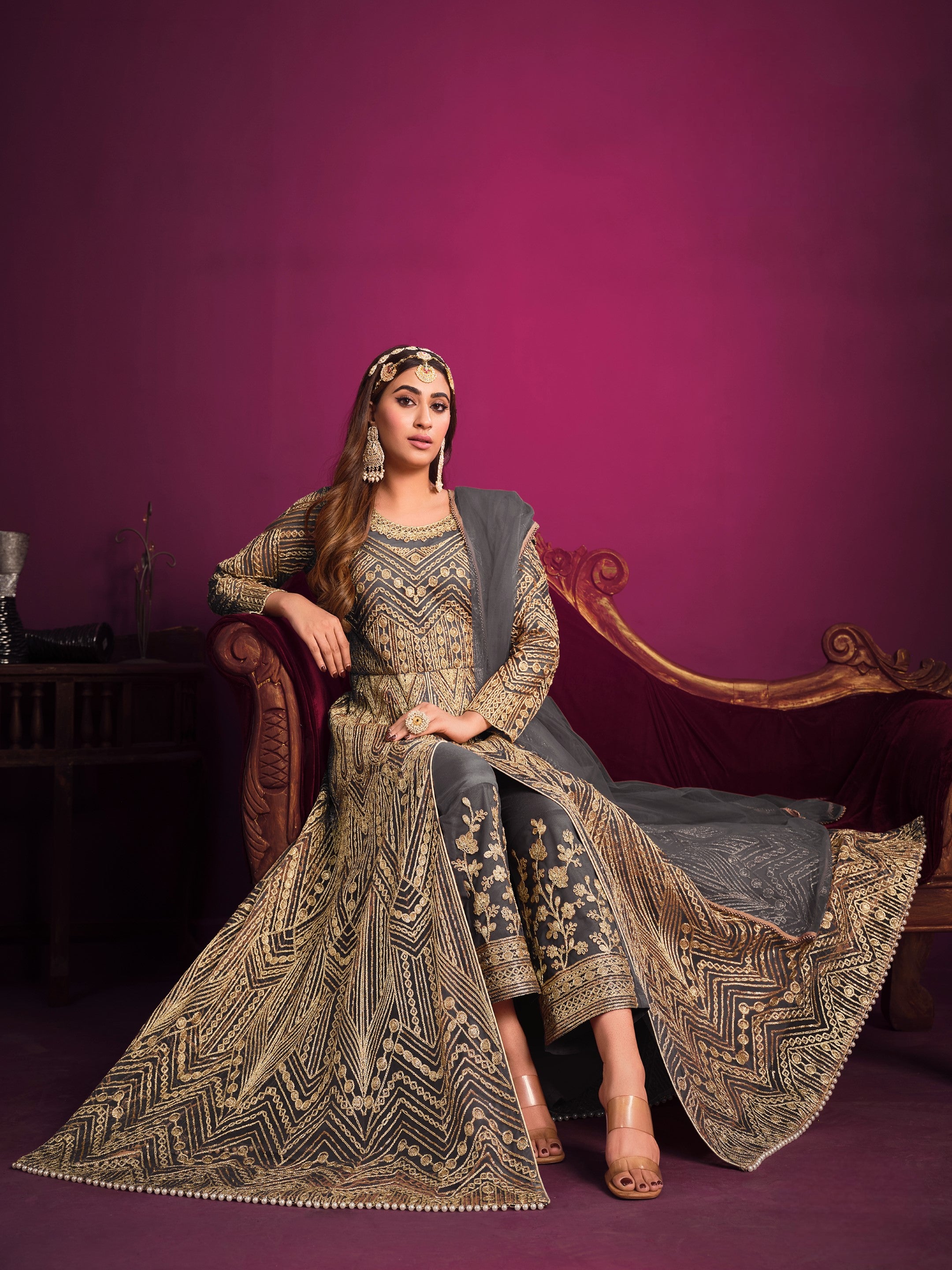 Anaita Grey Embroidered Net Anarkali Suit - Distacart