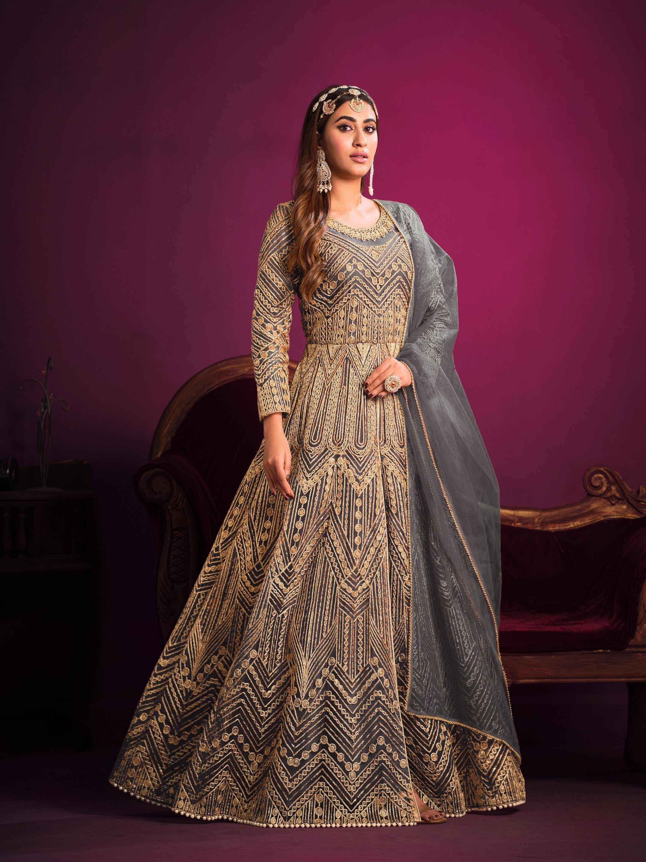 Anaita Grey Embroidered Net Anarkali Suit - Distacart