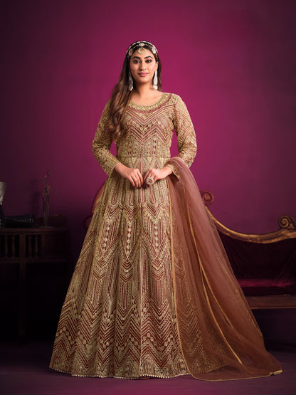 Anaita Orange Embroidered Net Anarkali Suit - Distacart