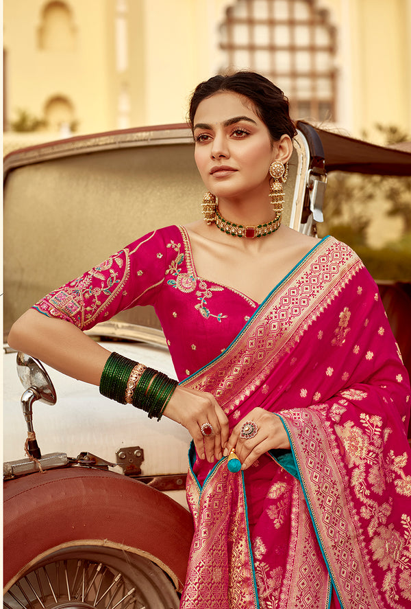 Monjolika Fashion Rani Pink Banarasi Weaving Dola Silk Wedding Saree