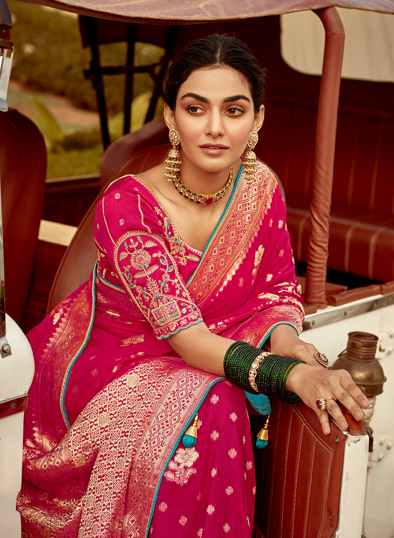 Monjolika Fashion Rani Pink Banarasi Weaving Dola Silk Wedding Saree