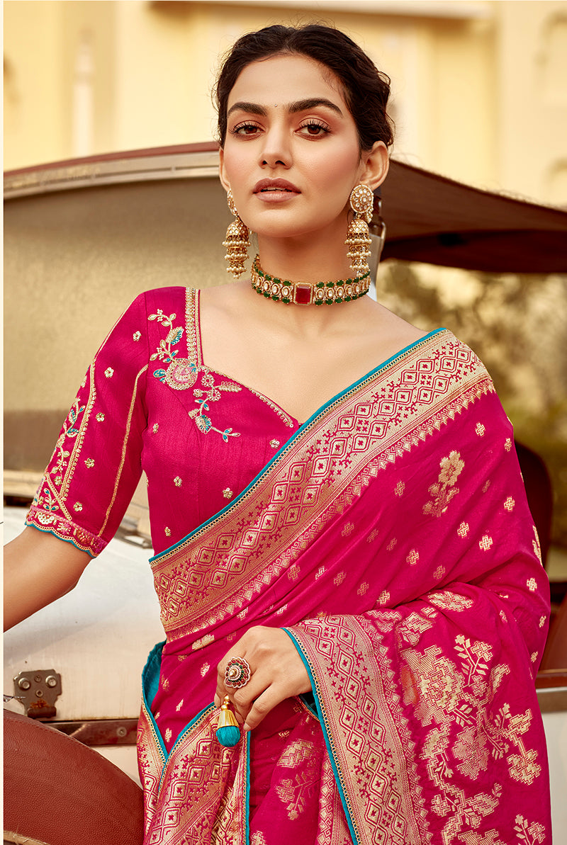 Monjolika Fashion Rani Pink Banarasi Weaving Dola Silk Wedding Saree