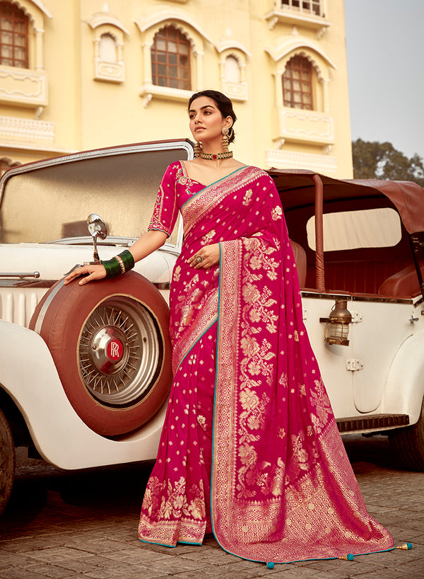 Monjolika Fashion Rani Pink Banarasi Weaving Dola Silk Wedding Saree