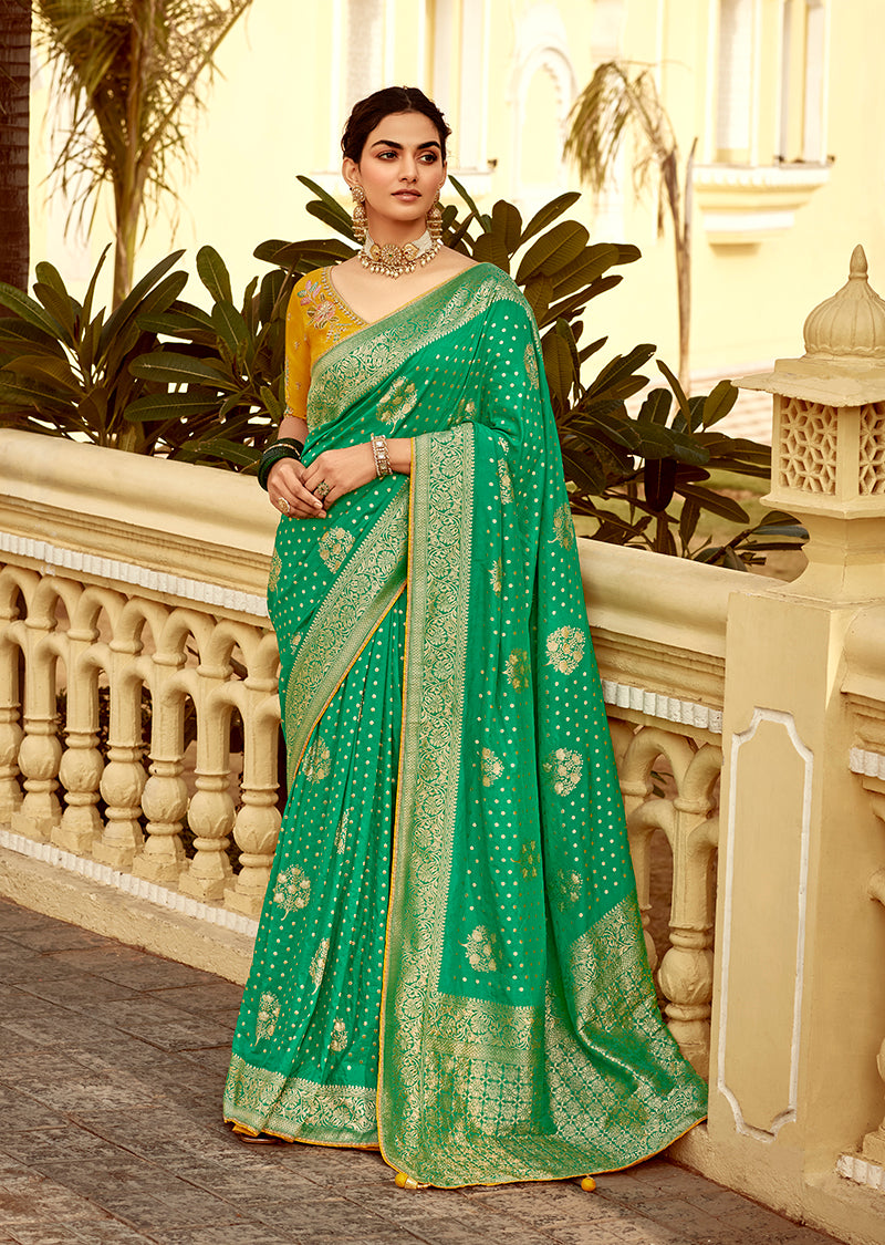 Monjolika Fashion Emerald Green Designer Dola Silk Wedding Saree