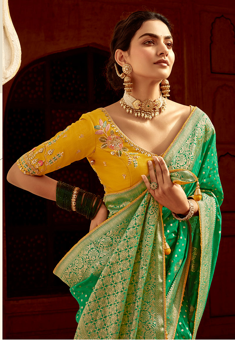 Monjolika Fashion Emerald Green Designer Dola Silk Wedding Saree