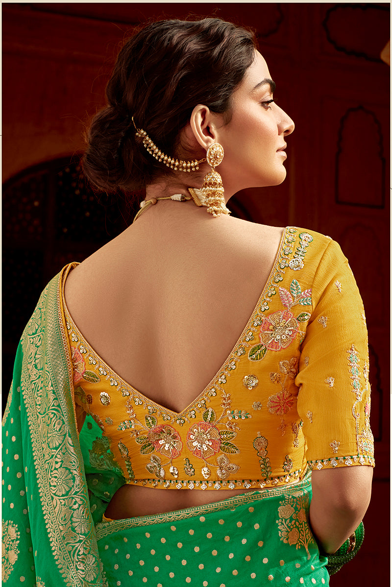 Monjolika Fashion Emerald Green Designer Dola Silk Wedding Saree