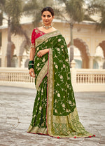 Thumbnail for Monjolika Fashion Bottle Green Banarasi Weaving Dola Silk Wedding Saree