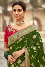 Thumbnail for Monjolika Fashion Bottle Green Banarasi Weaving Dola Silk Wedding Saree